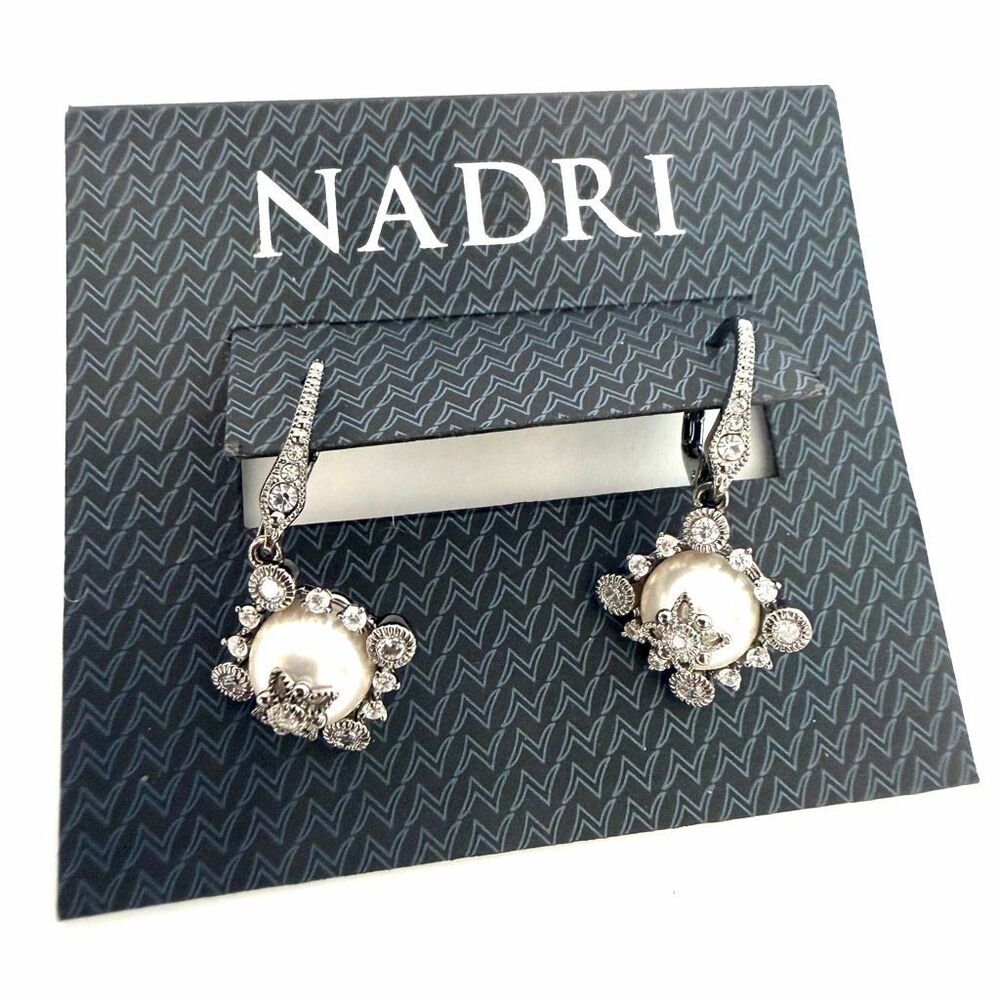 NADRI Pearl Crystal CZ Rhodium Plated Leverback Drop Earrings Nordstrom